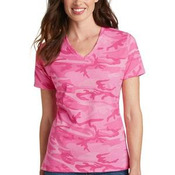 Ladies Core Cotton Camo V Neck Tee